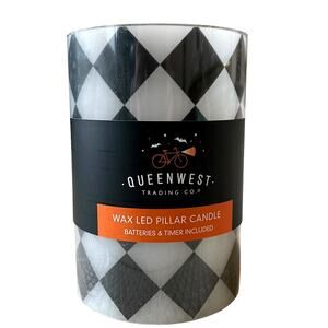 QUEENWEST Wax LED Pillar Candle Black & White Harlequin Checkered Fall Decor New